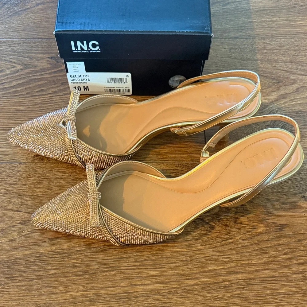 INC International Concepts Gold Pointed Slingback Pumps, Never Worn, Size 10
